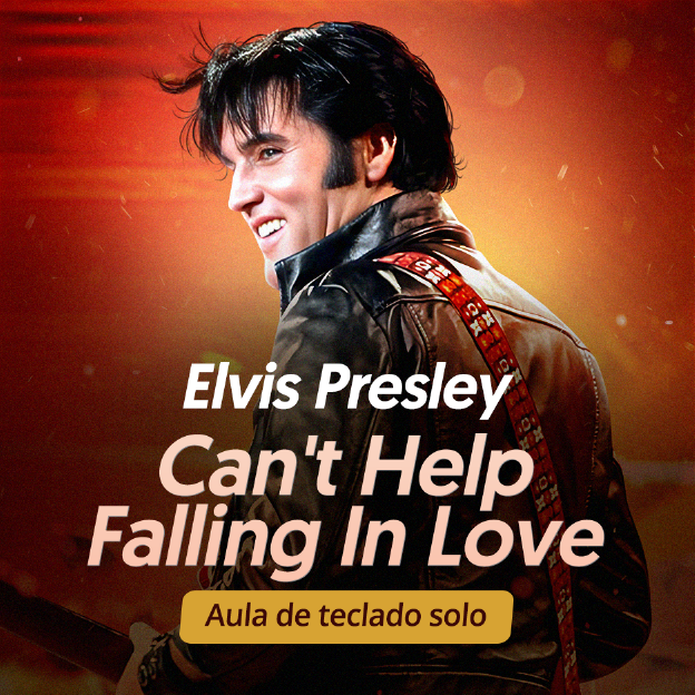 O rockeiro Elvis Preslet. Texto na imagem: Elvis Presley. Can't Help Falling In Love. Aula de teclado solo.