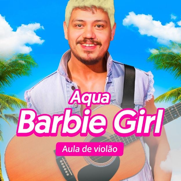 O instrutor Tarsius Lima aparece vestido de Ken, personagem da Barbie. Texto na imagem: Aqua. Barbie Girl. Aula de violão.