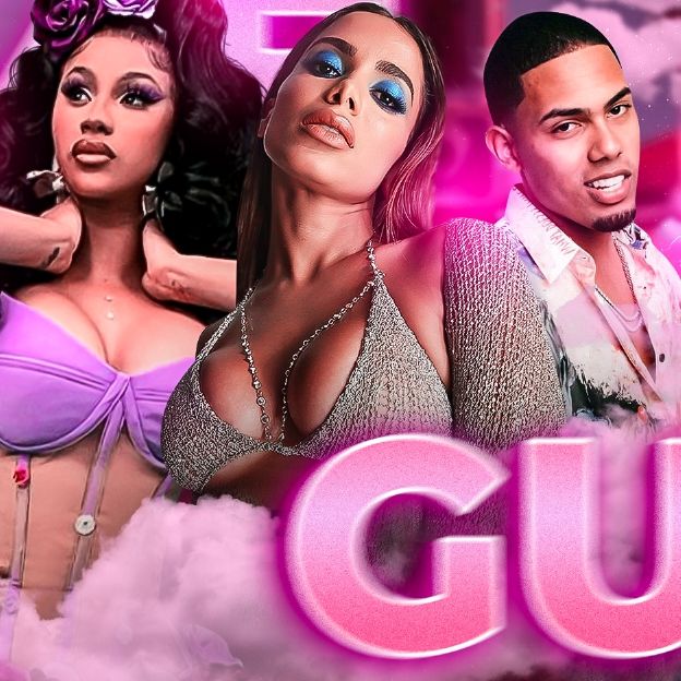 Anitta ao centro, Cardi e Myke ao seu lado