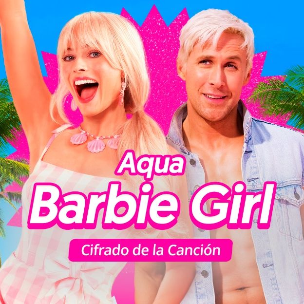 La actriz Margot Robbie y Ryan Gosling de la película Barbie. Texto en la imagen: Cifrado de la canción "Barbie Girl" de la banda Aqua