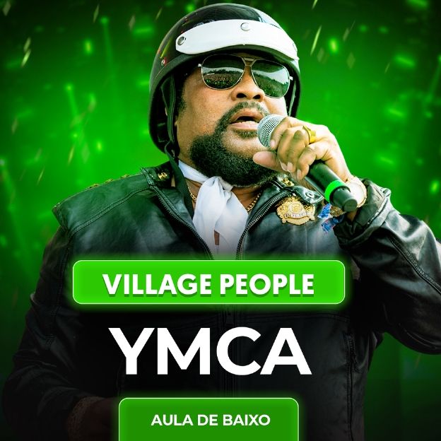 Na imagem, foto de um integrante da banda Village People vestido de policial. O texto diz: YMCA - Aula de baixo.