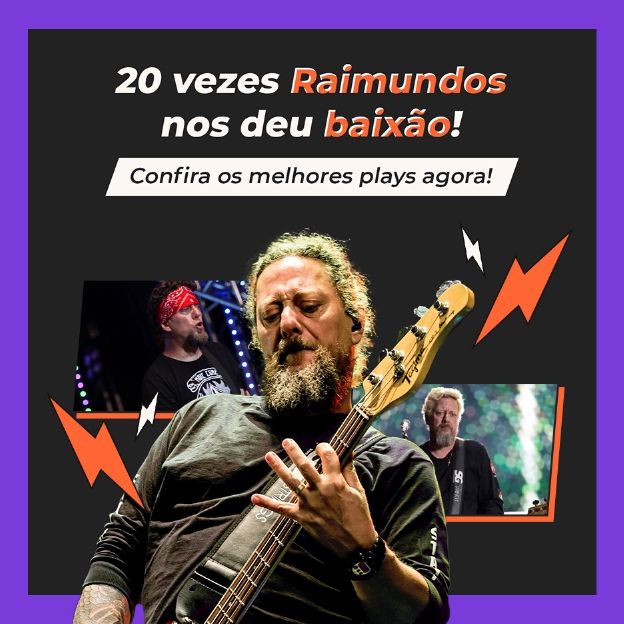 Na imagem, fotos baixista da banda Raimundos, Canisso. O texto diz: 20 vezes Raimundos nos deu baixão! Confira os melhores play agora!