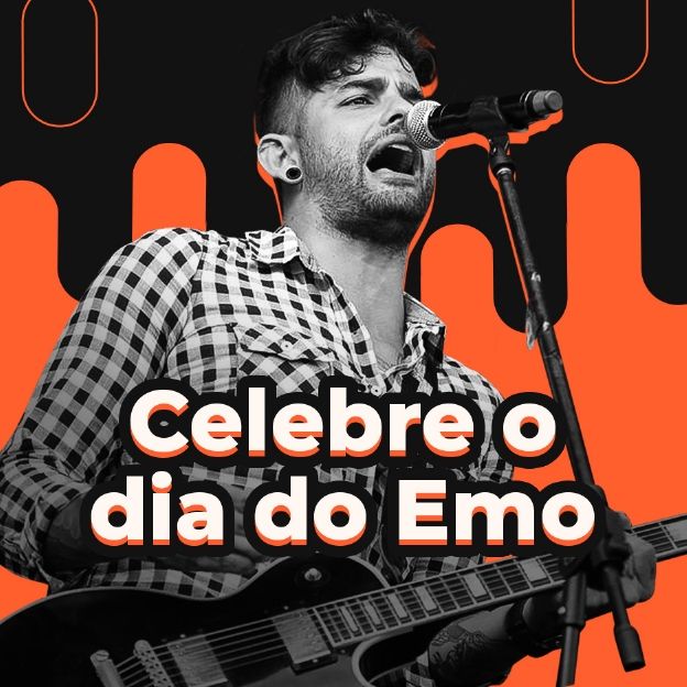 O cantor Lucas da banda Fresno posa na imagem com o título: Celebre o dia do Emo