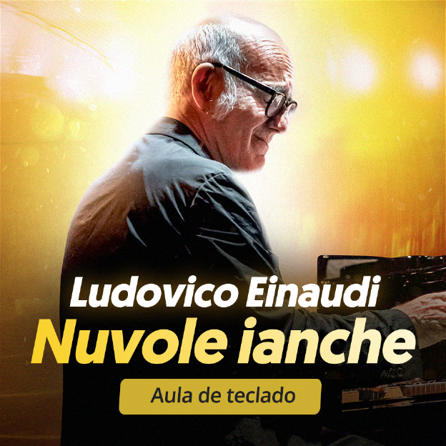 O pianista Ludovico Einaudi. Texto na imagem: Nuvole Bianche. Aula de Teclado.