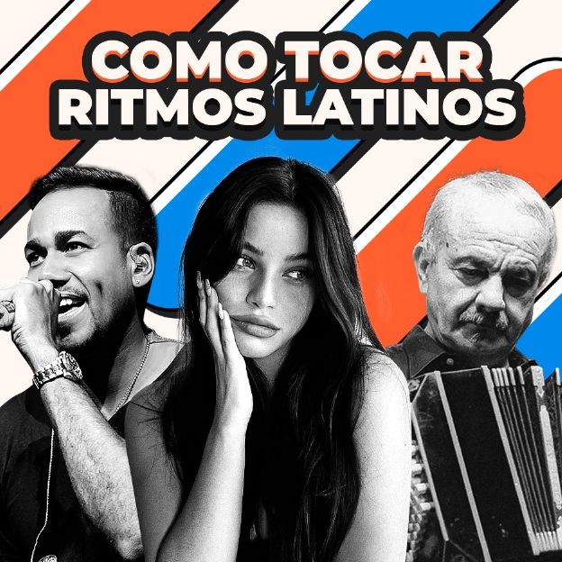 Na imagem 3 artistas. Ao lado escrito: Como Tocar Ritmos Latinos