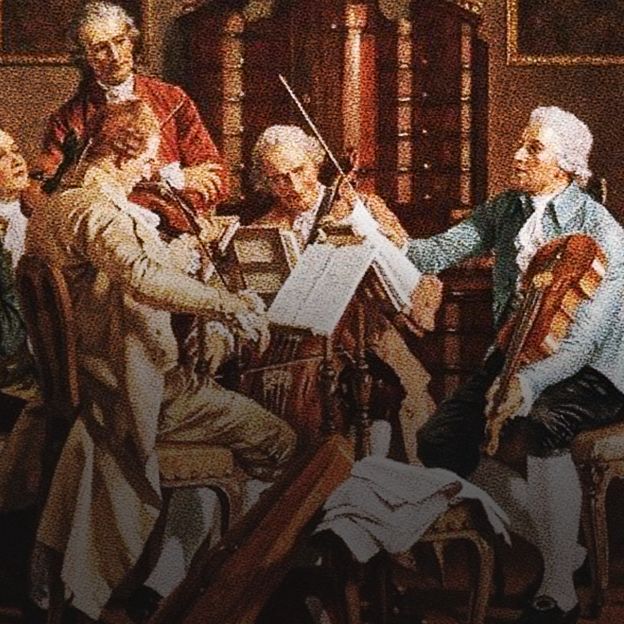 Na imagem uma representação de músicos tocando violino no período clássico.